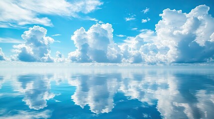 a serene scene of fluffy white clouds floating over a calm blue ocean, reflecting in the water below