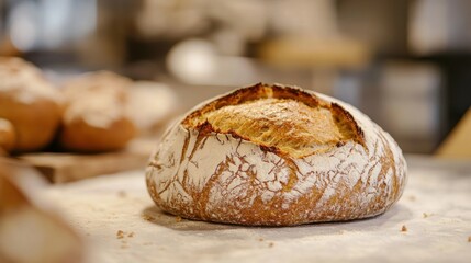 Wall Mural - A Close-Up of a Freshly Baked, Golden Brown Loaf of Bread Covered in Flour