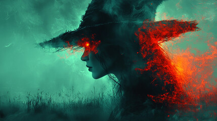 Sticker - A woman in a witch's hat with fiery eyes.