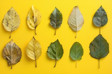 Wall Mural - Another display of autumn leaves against a yellow background, each leaf a reminder of the seasonal change and natural cycle of life.