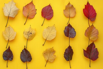 Wall Mural - Another display of autumn leaves against a yellow background, each leaf a reminder of the seasonal change and natural cycle of life.