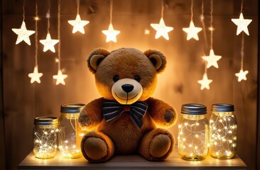 Close-up. Christmas decoration on a wooden background with a brown teddy bear in the center, clear jars with glowing garland and glowing stars hanging from the top.