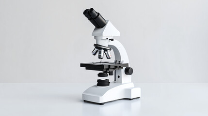 Poster - Modern white microscope on a white background with space for text, representing scientific research and innovation