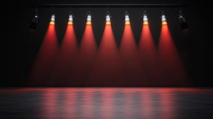 Poster - Dramatic red spotlights illuminating an empty stage, creating a vibrant atmosphere for performances and events.