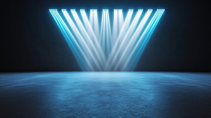 Poster - Dramatic stage lighting pattern showcasing beams of vibrant blue light against a dark backdrop, creating a captivating atmosphere.