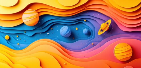 Wall Mural - 3D paper-cut space background with planets, stars, and galaxies.