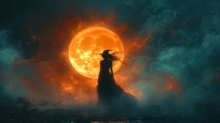 Sticker - A witch stands silhouetted against a fiery, orange moon.