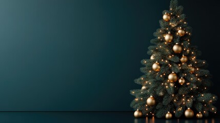 Poster - Elegant Christmas tree adorned with golden ornaments and lights against a dark green wall, creating a festive atmosphere.