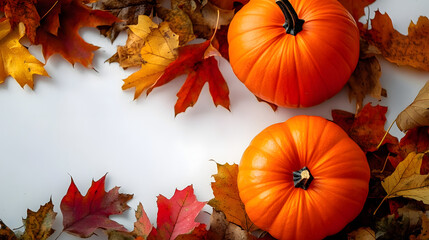 Two bright orange pumpkins among fallen leaves in soft sunlight during the autumn harvest