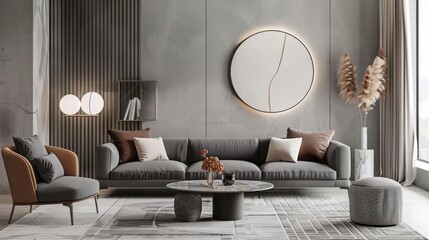 Sticker - Modern and Elegant Living Room Design with Grey Sofa and Chic Decor.