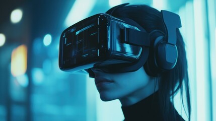 Poster - Woman in Virtual Reality Headset with Neon Lights in Background