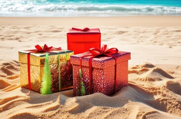 Wall Mural - Close-up. Christmas gifts in colorful packages lie on a white sand beach near the azure sea. Christmas in warm countries.