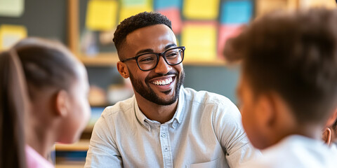 Serene Teacher's Smile: A teacher warmly greeting students in a classroom.