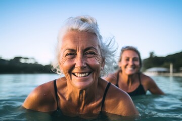 Wall Mural - Portrait of diverse senior women swimming in lake