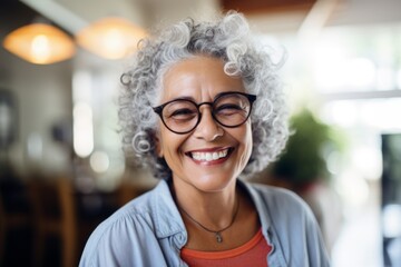 Wall Mural - Smiling portrait of a happy senior Mexican woman in nursing home