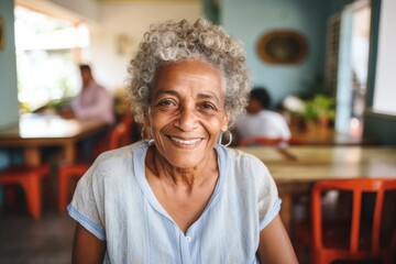 Wall Mural - Smiling portrait of a happy senior Mexican woman in nursing home