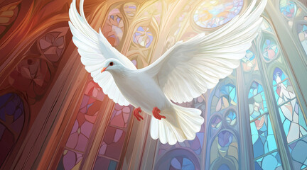 White dove flying, church colored window
