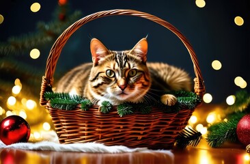 Wall Mural - Close-up. A cat sits in a basket under a Christmas tree decorated with toys and a glowing garland for Christmas. 