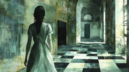 Poster - A woman in a white dress walks down a long, deserted hallway.