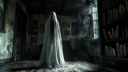 Wall Mural - A ghostly figure in a white sheet stands in a dark and dusty room.