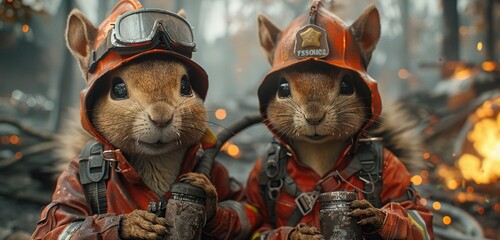 Two Brave Squirrels in Firefighter Gear