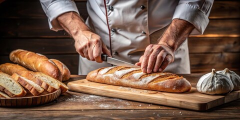 Baker slicing fresh French bread on a wooden cutting board