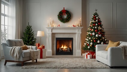 Stylish christmas composition at living room interior with white chimney, christmas tree and wreath, stars, gifts and decoration