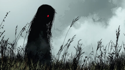 Sticker - A mysterious, shadowy figure stands in tall grass under a cloudy sky.