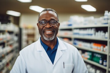 Sticker - Smiling portrait of a middle aged male pharmacy worker