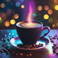 BEAUTIFUL CUP OF COFFEE WITH BOKEH LIGHT EFFECTS