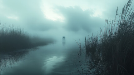 A mysterious figure emerges from the fog in a dark and eerie swamp.