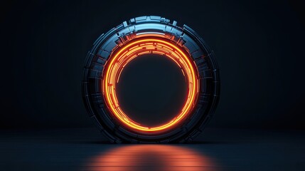 Poster - Futuristic circular portal with glowing orange light, set against a dark background, perfect for sci-fi and technology themes.