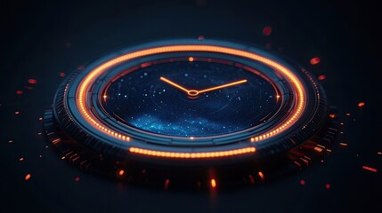 Poster - Futuristic clock design featuring a cosmic background, illuminated with vibrant colors, symbolizing time in a digital universe.