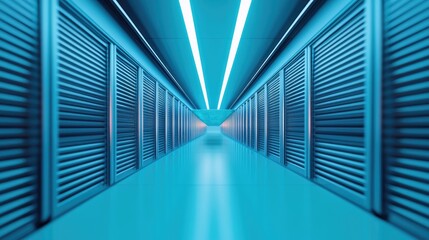 Poster - Futuristic data center hallway with illuminated blue lights, showcasing a modern technological environment.