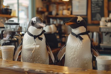 Two Penguins Dressed Up at a Cafe