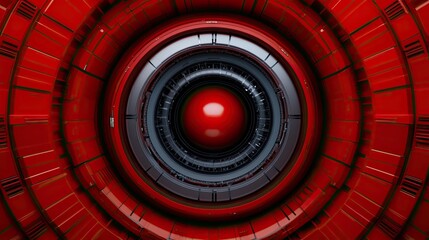 Poster - Futuristic red abstract design featuring a circular element with depth and intricate details, perfect for technology themes.