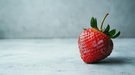 Wall Mural - A Single Red Strawberry with Green Leaves on a Grey Surface