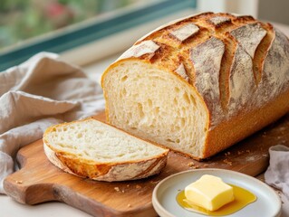 Wall Mural - Freshly baked loaf of bread served with butter on a wooden cutting board, perfect for breakfast or brunch.