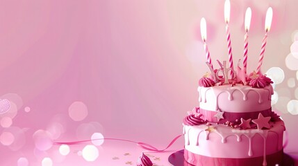 a delightful pink birthday cake forms a charming background. the pink color gives a soft and festive