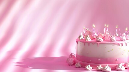 a delightful pink birthday cake forms a charming background. the pink color gives a soft and festive