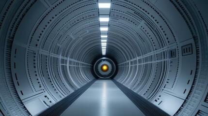 Poster - Futuristic tunnel with metallic walls and bright lights leading to a central sphere, creating an eerie and captivating atmosphere.