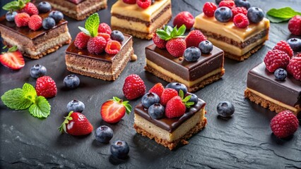 Wall Mural - Assorted pieces of cakes with chocolate, raspberries, strawberries, nuts, and blueberries on a black table