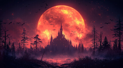 Wall Mural - A dark castle stands tall against a backdrop of a fiery red moon.