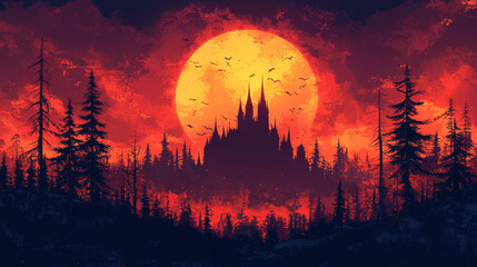 Sticker - A spooky silhouette of a castle in the forest with a full moon.