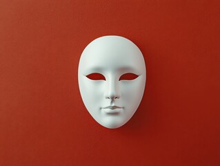 A minimalist white mask against a bold red background, symbolizing emotions and identity in art and design.