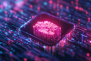 Poster - A glowing pink fingerprint icon inside a square chip on a circuit board with blue and purple lights.