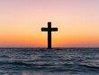 © ManitaSr - A serene sunset over the ocean features a silhouetted cross rising from the water, symbolizing faith and hope.