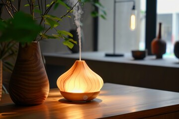 Canvas Print - Modern essential oil diffuser is gently releasing a plume of soothing fragrance into the air, creating a peaceful and inviting atmosphere in a stylish home