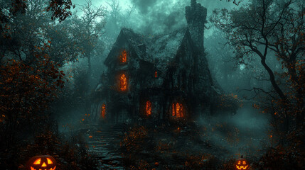 Wall Mural - A spooky old house in the woods, with glowing windows and jack-o-lanterns.