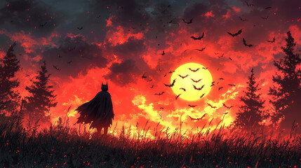 Wall Mural - Silhouetted figure stands in a field with a full moon and bats flying overhead.